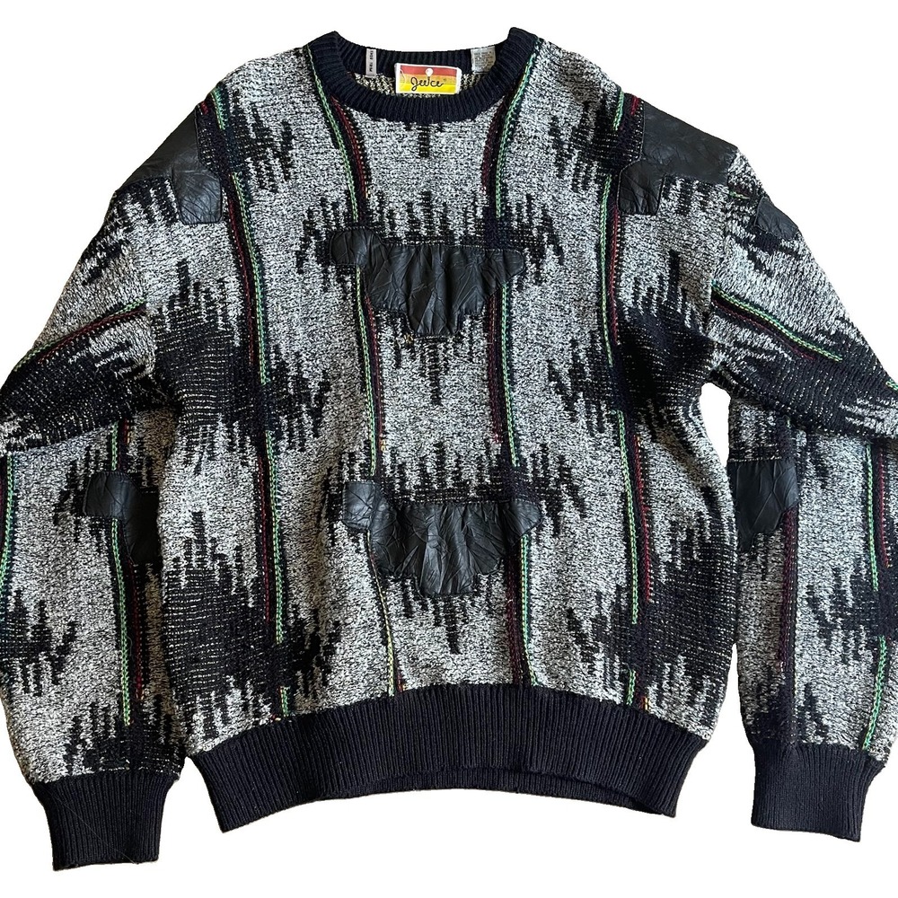 Vintage Juice Men's Sweater Large Leather Patches Southwestern Cliff Huxtable